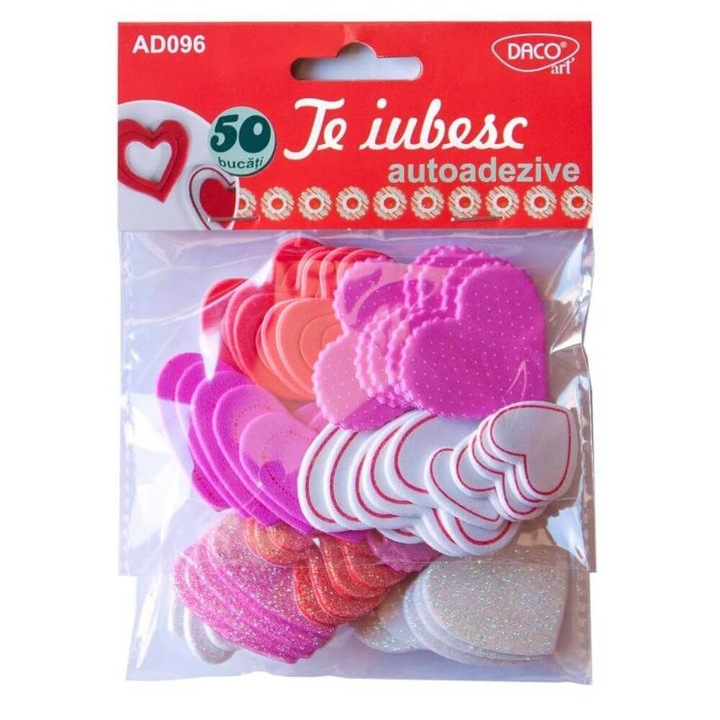 Inimi Spuma Autoadeziva DACO, 50 Buc/Set, Model Te Iubesc, Multicolor, Accesorii Craft, Accesorii Creatie, Inimioare Decorative din Spuma, Inimioare Decorative cu Adeziv, Set Inimioare cu Lipici, Inimi Decorative din Spuma, Inimi din Spuma Adeziva