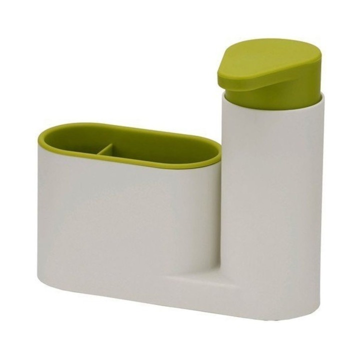Mosogató rendszerező kézi folyékony szappanadagolóval és különféle háztartási eszközök tartóval, 0,12 L, rögzítést nem igényel, fehér/zöld színű