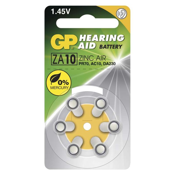 Baterie pentru aparat auditiv GP, ZA10, 1.45 V, 6 buc/blister, B3510, Argintiu