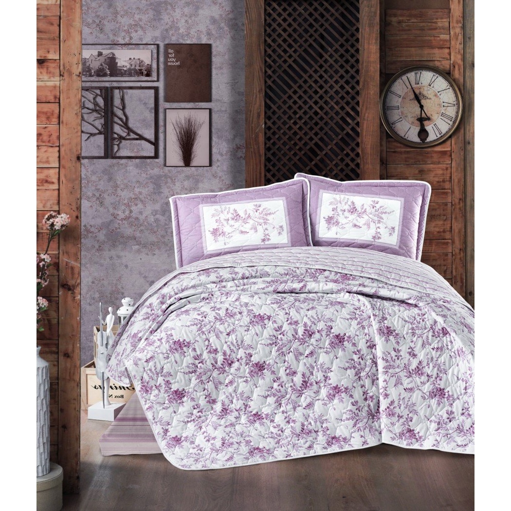 Set cuvertura matlasata 240x260cm + 2 fete perna, bumbac, Ralex Pucioasa, Montera Roz V1