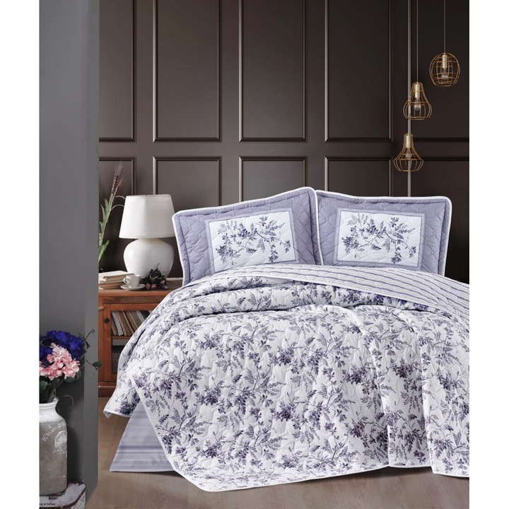 Set cuvertura matlasata 240x260cm + 2 fete perna, bumbac, Ralex Pucioasa, Montera Lila V2