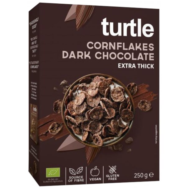 Fulgi de porumb BIO inveliti in ciocolata neagra Turtle, 250g