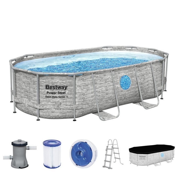 Piscina Bestway 4.27 x 2.50 x 1.00 m cadru otel model Rattan Swim VISTA 2 toate accesoriile incluse