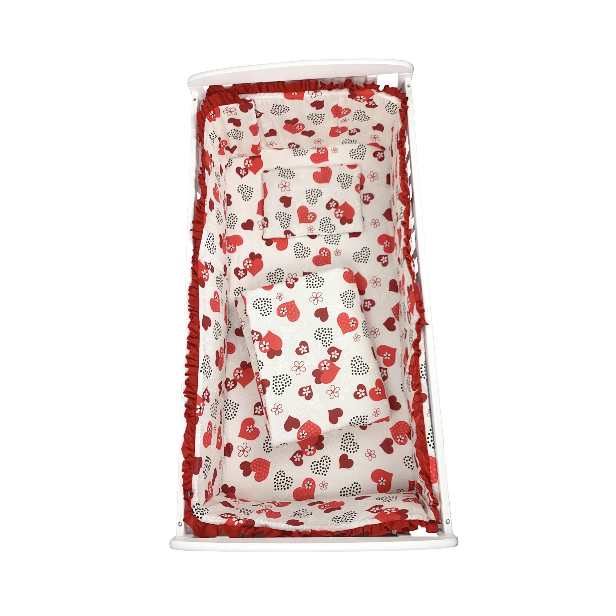 Lenjerie de pat bebelusi CN 140x70 cm cu aparatori laterale Deseda Inimioare cu volanas rosu