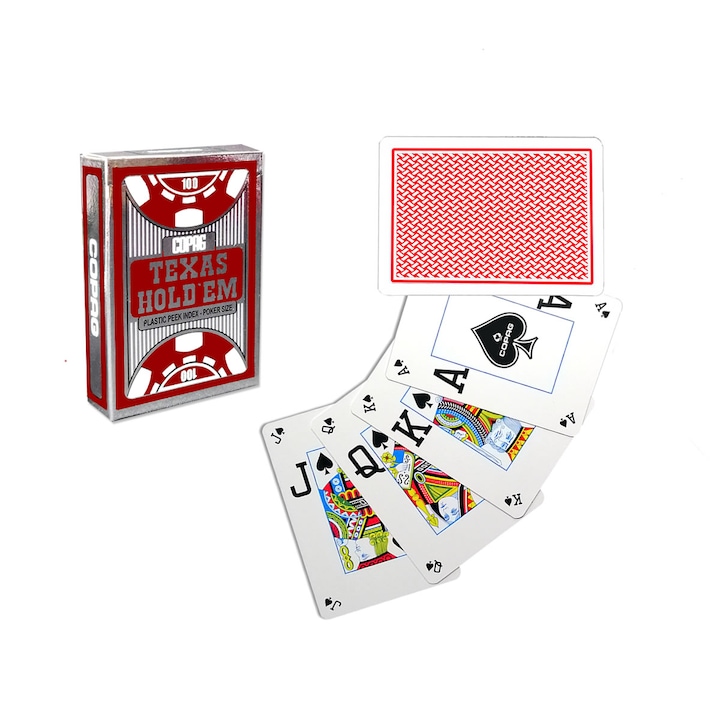 Carti de joc poker, Texas Hold'em, profesionale, 100% plastic, index mare + peek index, culoare spate rosu