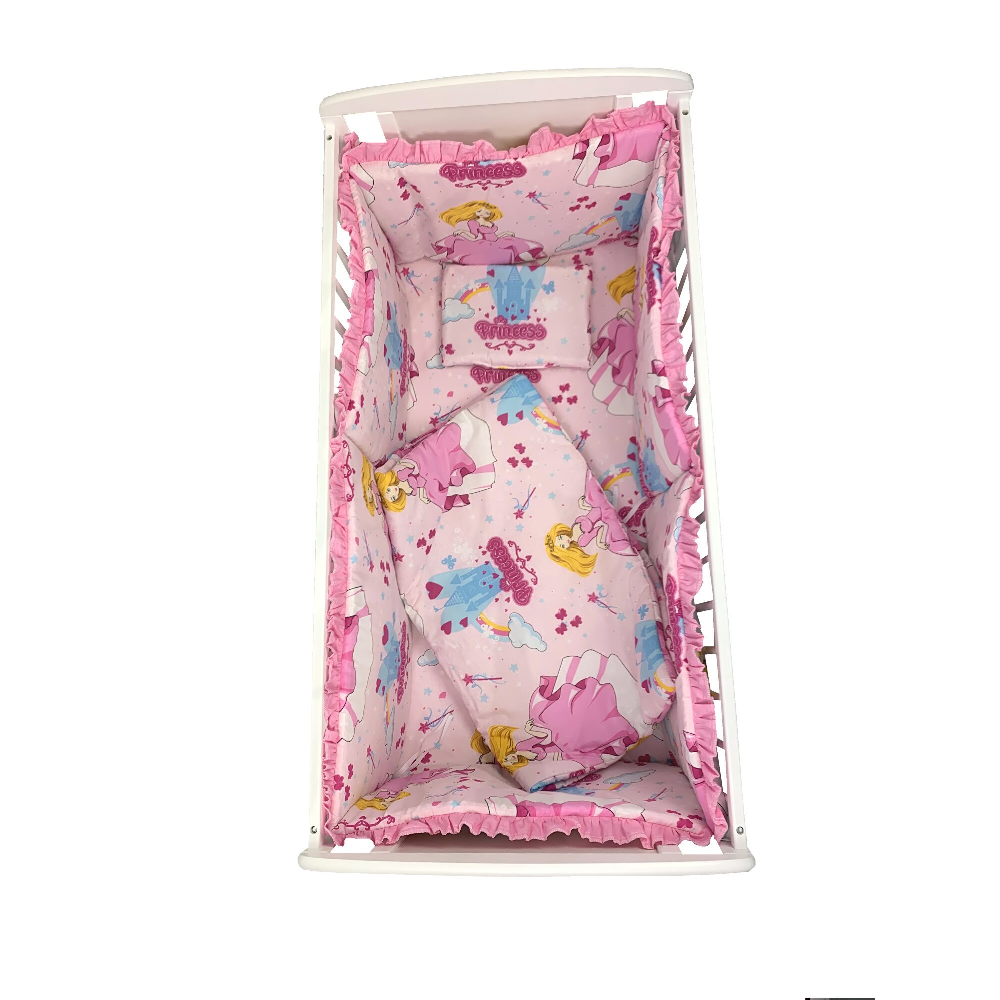 Lenjerie de pat bebelusi CN 120x60 cm cu aparatori laterale Deseda Printese la castel roz