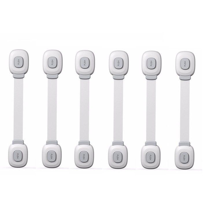 Set 6 sigurante, Empria, flexibile cu incuietoare dubla pentru usi si sertare, Gri