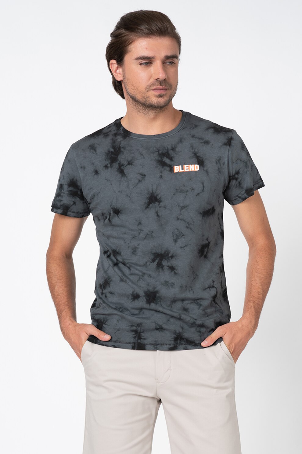 BLEND, Tricou cu model tie-dye, Gri inchis/Negru