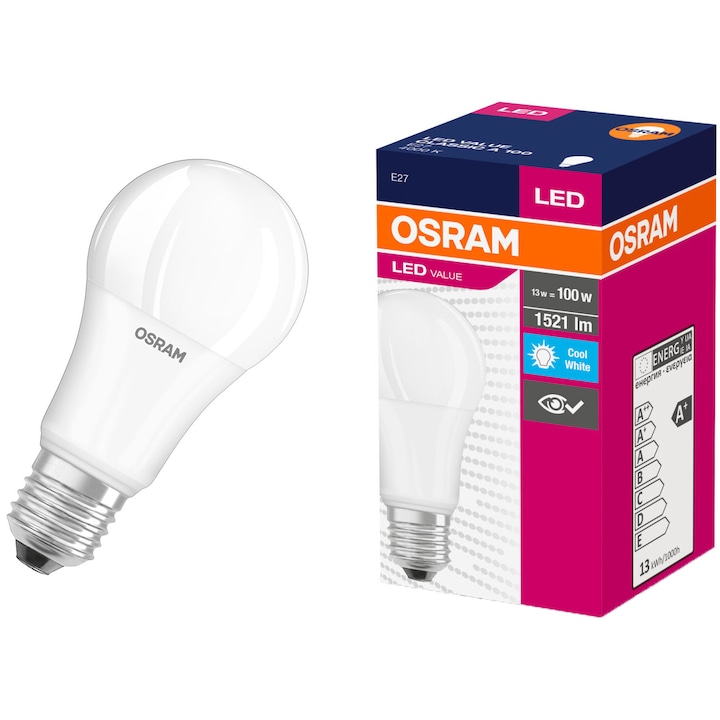 Крушка LED Osram, E27, 13W (100W), 1521 лумена, A+, Неутрална светлина (4000K), Енергиен клас F