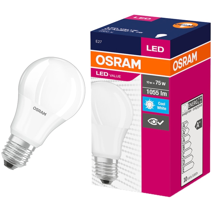 Bec LED Osram, E27, 10W (75W), 1055 lm, lumina neutra (4000K), clasa energetica F