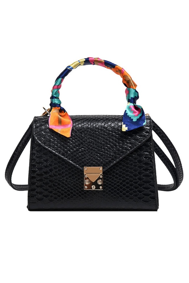 Geanta de dama Henriette neagra din piele ecologica tip piele de sarpe in degrade, 22 x 15 x 9 cm