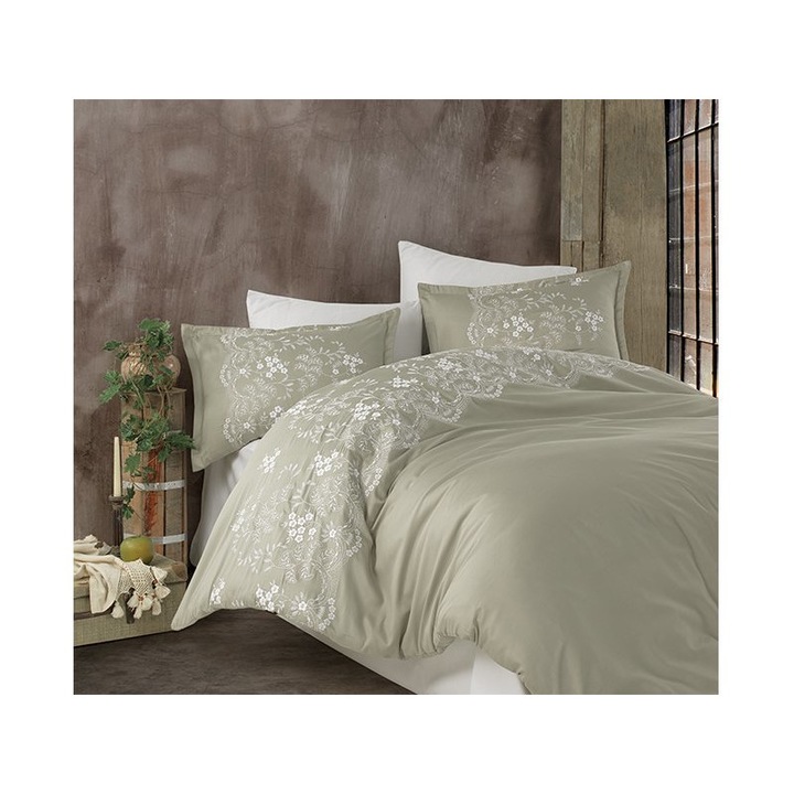 Двойно спално бельо, първокласен луксозен сатен с бродерия, 240 x 260 см, Clasy, Natura Verde V2