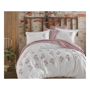 Lenjerie de pat dublu, premium satin de lux cu broderie, 240 x 260 cm, Clasy, Yade Roz V1 Lenjerie de pat dublu, premium satin de lux cu broderie, 240 x 260 cm, Clasy, Yade Roz V1