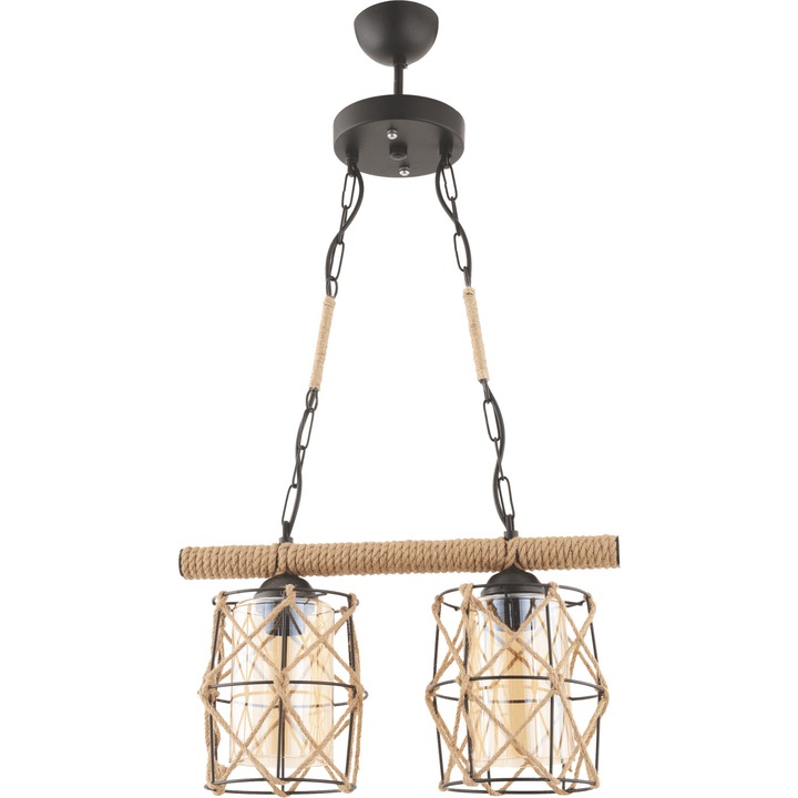 Corp Iluminat Rustic din metal de culoare neagra acoperit cu franghie cu 2 becuri