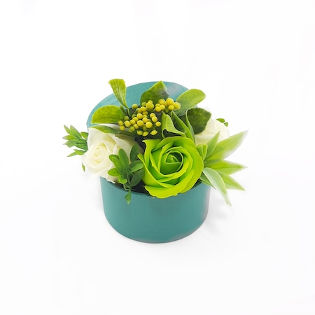 Aranjament floral, Sevirox Decor, cu 3 trandafiri din sapun, ivore, verde