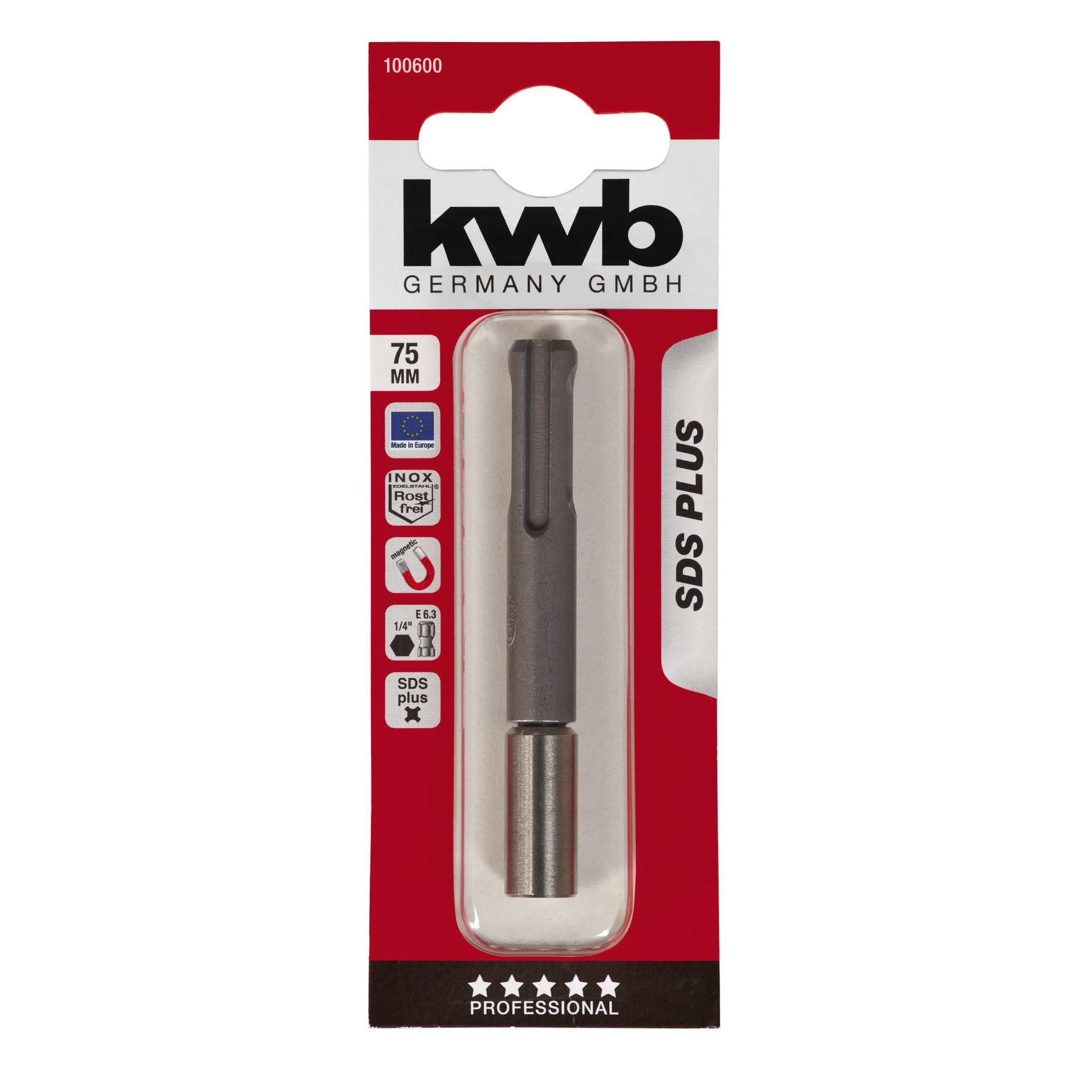 Bit-holder 75 mm, Otel-Inox, SDS PLUS, magnetic 1/4 E6.3, KWB Professional