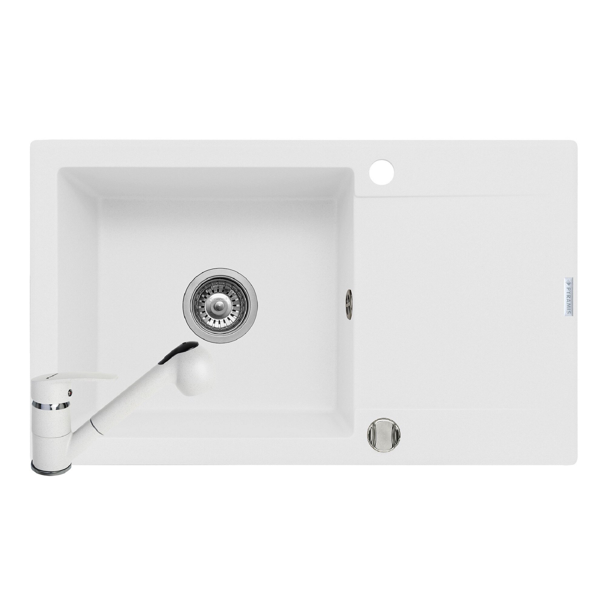 Pachet chiuveta si baterie Pyramis MIDO PLUS, 780x460mm, adancime 190mm, reversibila, pipa cu dus, finisaj Pyragranite alb