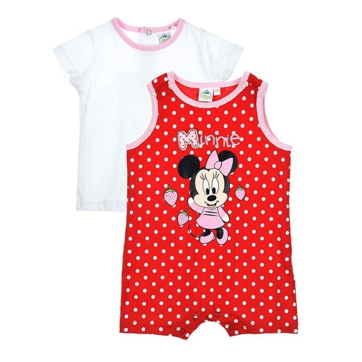 Compleu Minnie triou si salopeta alb cu rosu