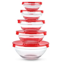 Set 5 boluri din sticla cu capac din plastic, rosu