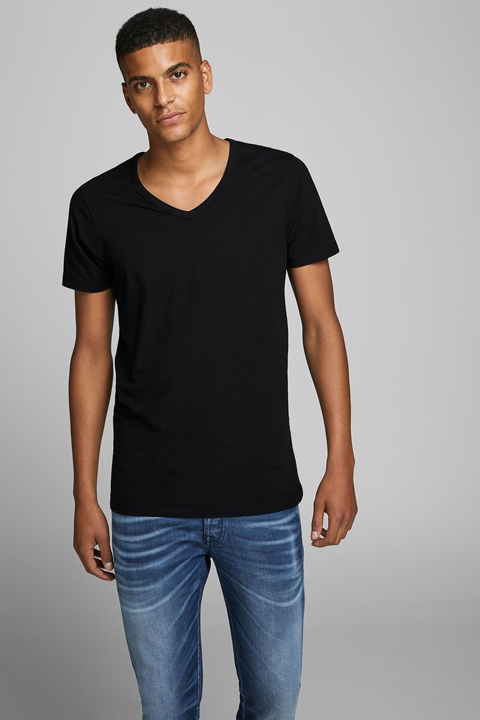 Jack&Jones, Tricou din amestec de bumbac, cu decolteu in V, Negru, L