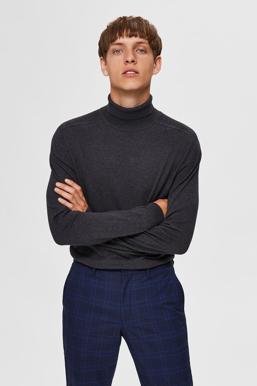 Selected Homme, Pulover de bumbac cu guler inalt, Gri inchis melange