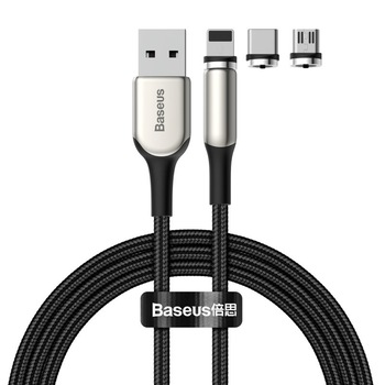 Cablu de incarcare Baseus Zinc Magnetic, Set 3in1 USB Lightning/Type-C/MicroUSB, 2A, 200cm, Negru Cablu de incarcare Baseus Zinc Magnetic, Set 3in1 USB Lightning/Type-C/MicroUSB, 2A, 200cm, Negru