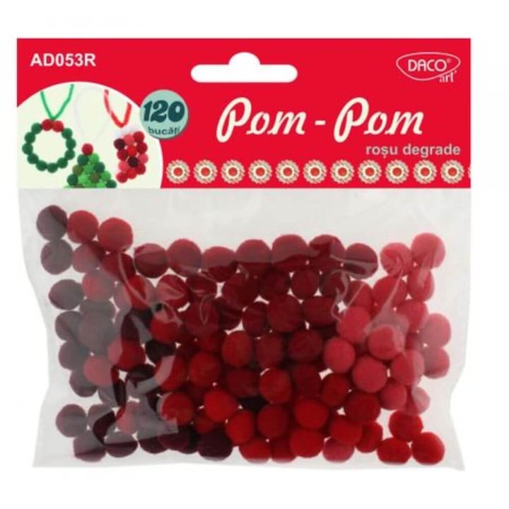 Set Pom Pom DACO, 120 Buc, Diametru 10 mm, Culoare Rosie, Material Textil