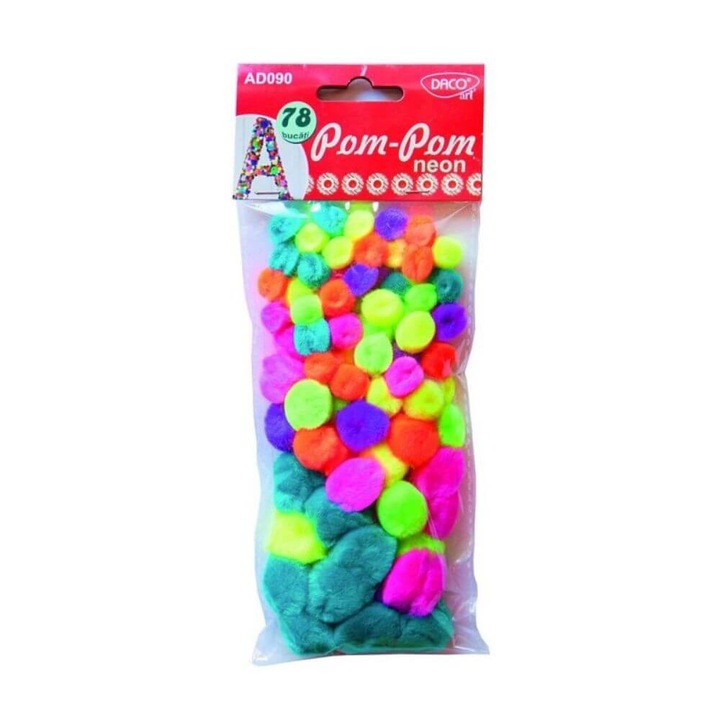 Set Pom Pom DACO, 78 Buc, Material Textil, Multicolor, Bilute de Plus, Mingiute, Accesorii Craft
