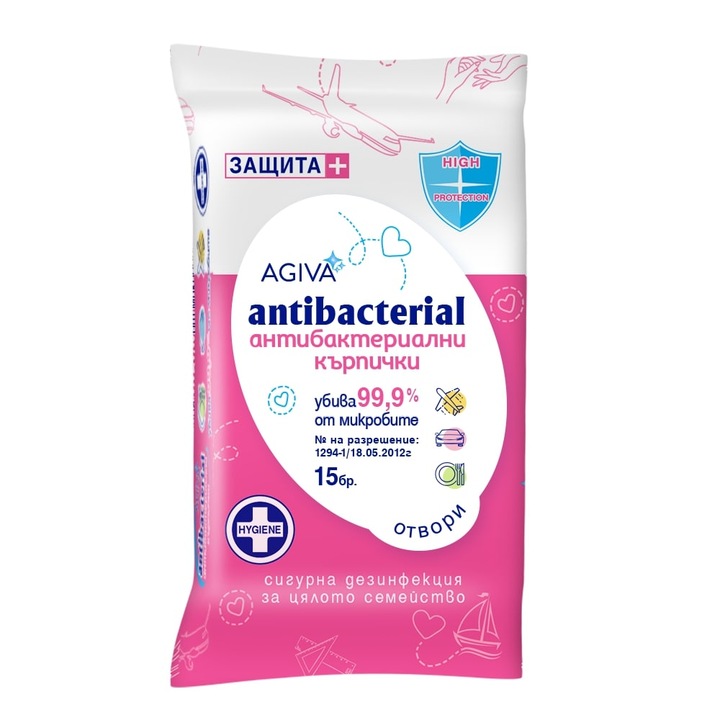 Pachet 15 servetele umede Agiva, Antibacterial Hygiene +, Travel Pack