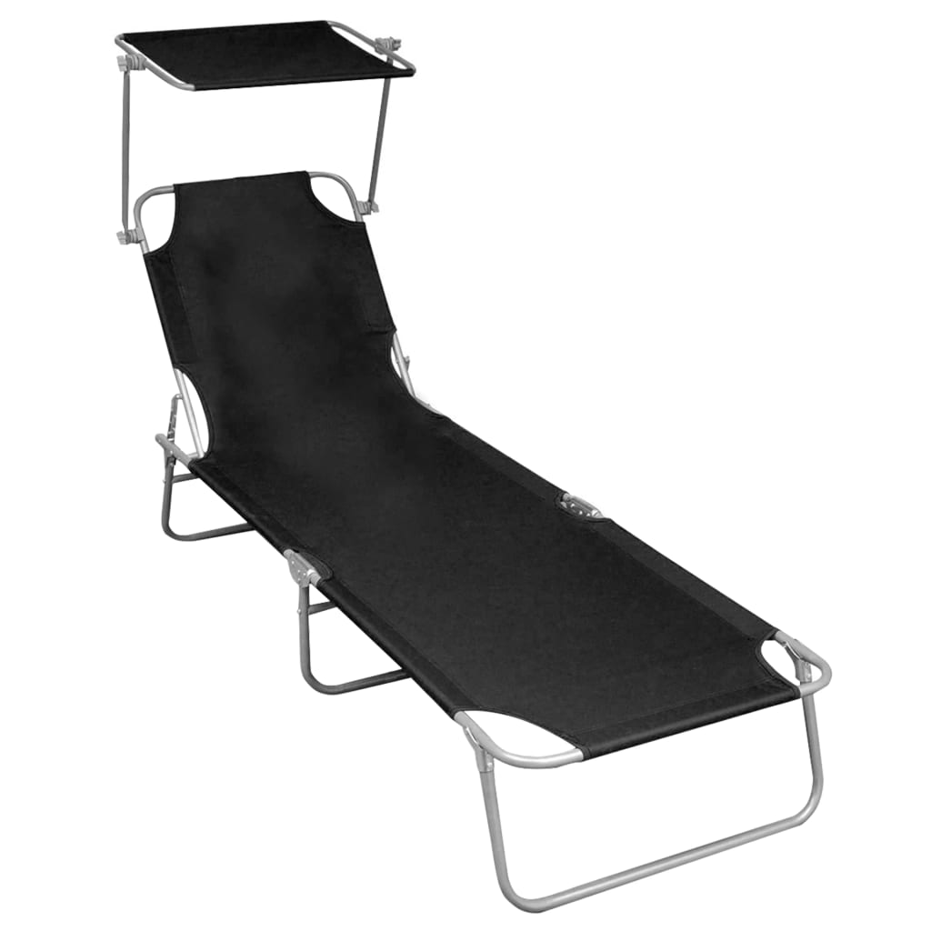 Sezlong pliabil cu copertina vidaXL, Tesatura, 188,5 x 57,5 x 27 cm Negru