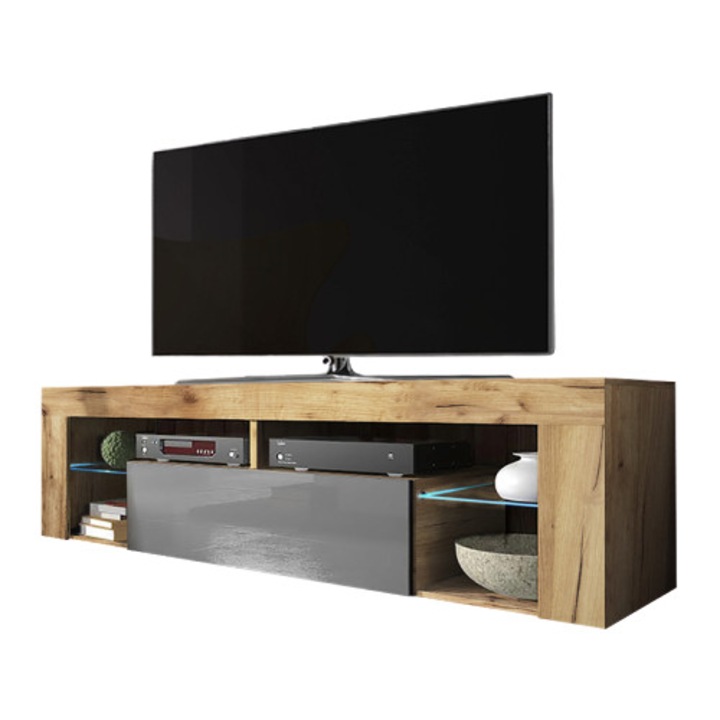 Comoda TV, SELSEY POLSKA, Bianko, Iluminare LED, 140 cm, Maro/Gri