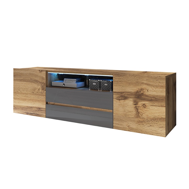 Comoda TV, SELSEY POLSKA, Bros, Iluminare LED, 137 cm, Maro/Gri