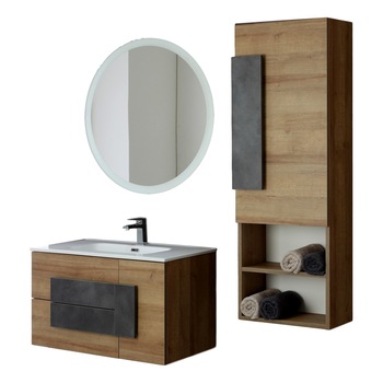 Mobilier de baie suspendat mare Urban80 cu coloana Stejar Natural si ciment Mobilier de baie suspendat mare Urban80 cu coloana Stejar Natural si ciment