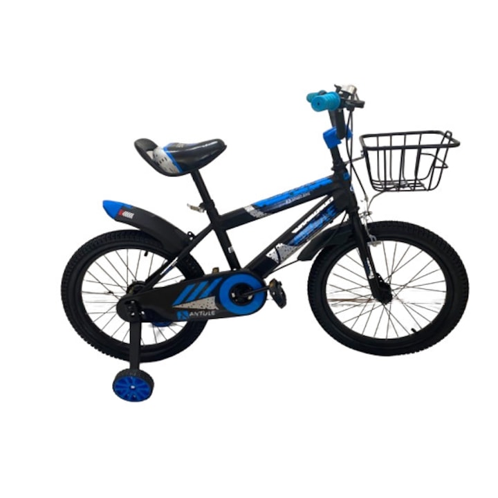 Go Kart Antule kerékpár, 18", pedálokkal, 5-8 éves gyermekek számára, segédkerekekkel, sárvédőkkel, játékkosárral, fekete és kék