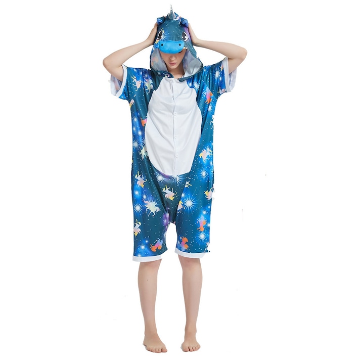 Pijama salopeta scurta unicorn, caluti albastru