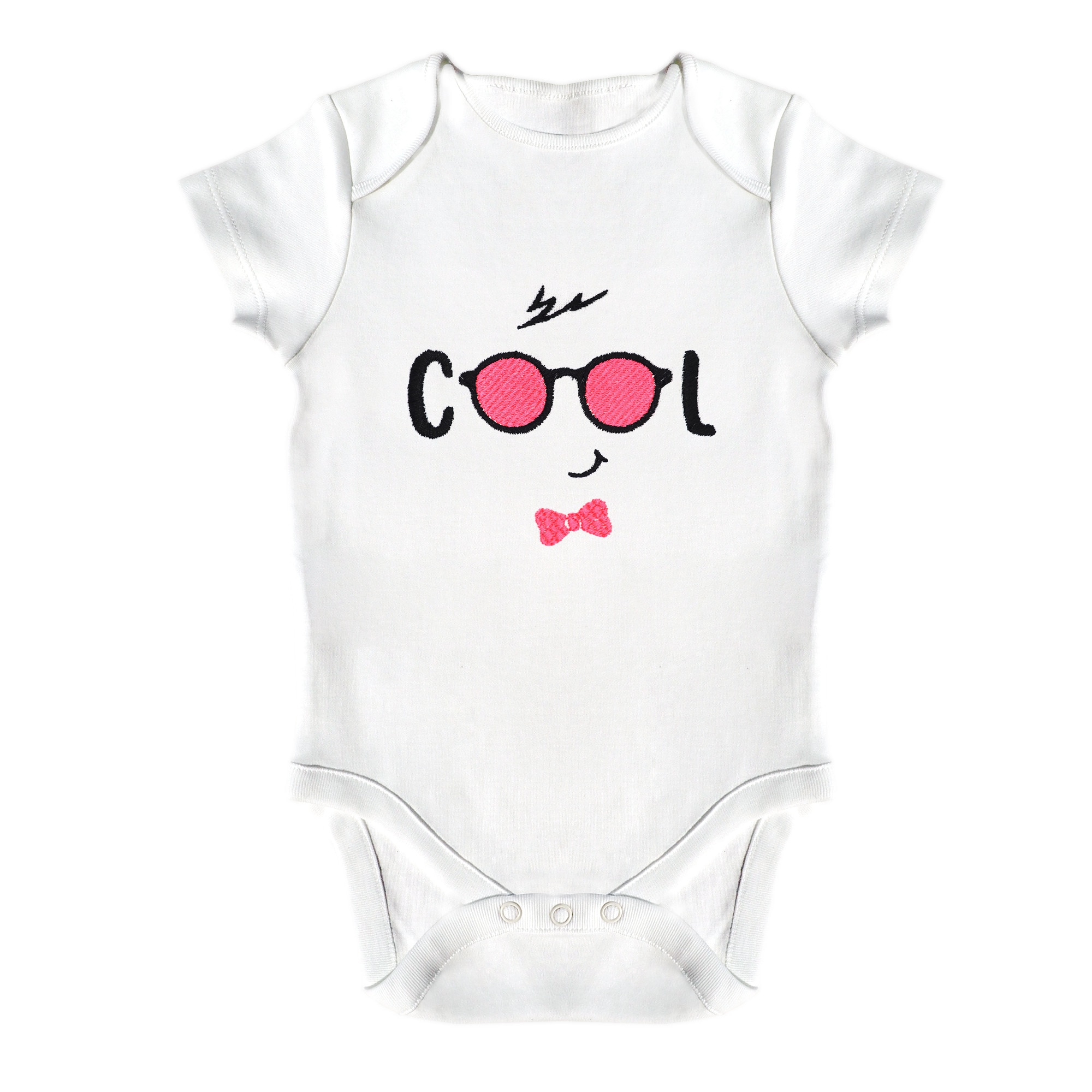 Body bebe, LWS, bumbac organic, brodat, model ochelari cool, Alb