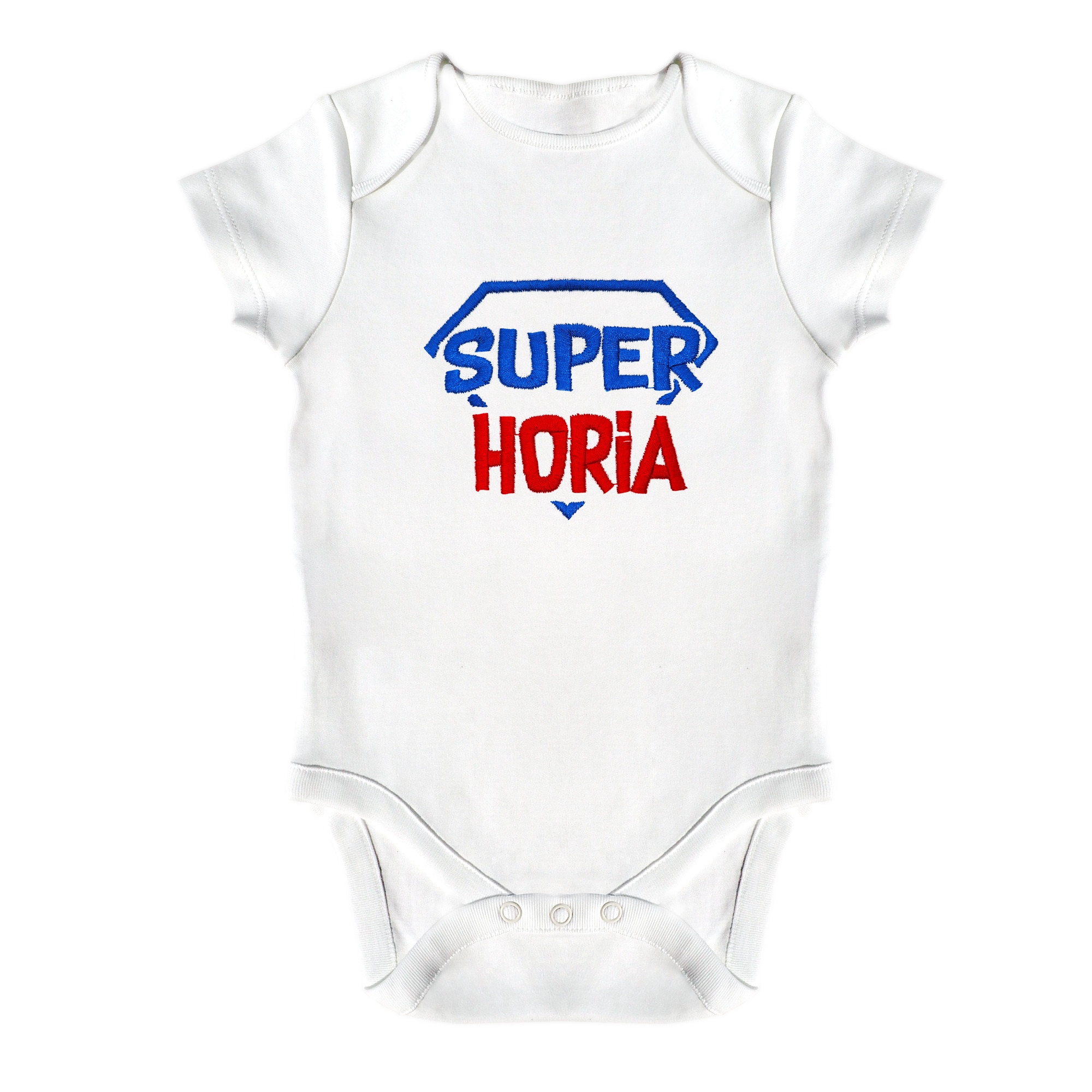 Body bebe, LWS, bumbac organic, brodat, model super erou Horia, Alb