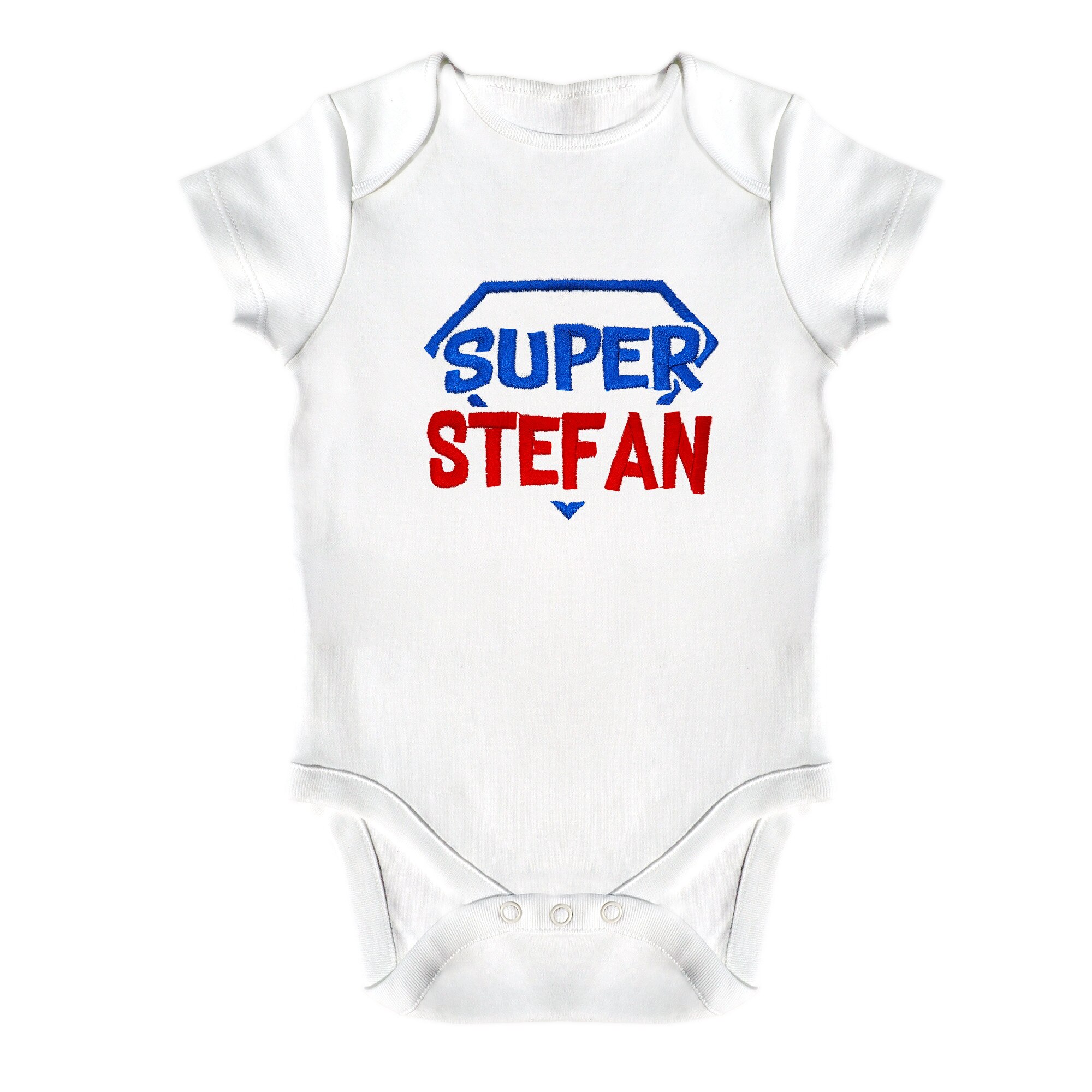 Body bebe, LWS, bumbac organic, brodat, model super erou Stefan, Alb