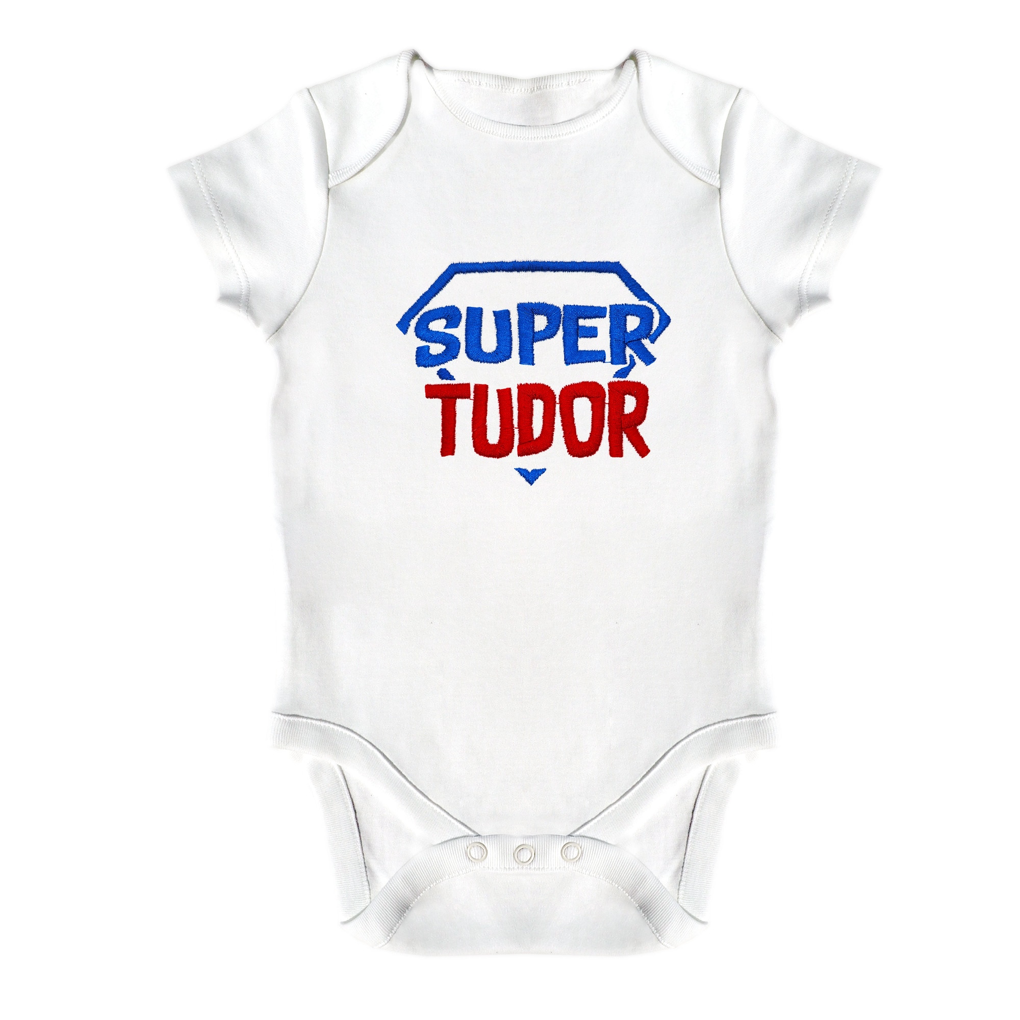 Body bebe, LWS, bumbac organic, brodat, model super erou Tudor, Alb