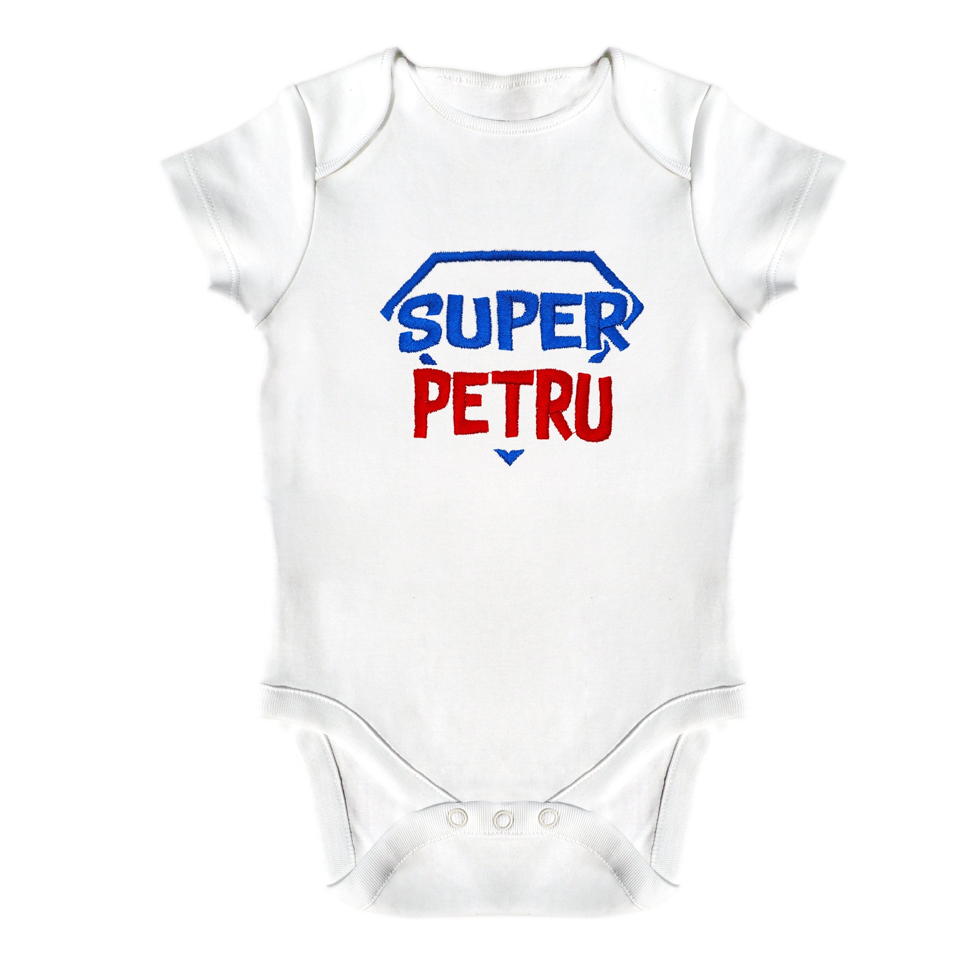 Body bebe, LWS, bumbac organic, brodat, model super erou Petru, Alb