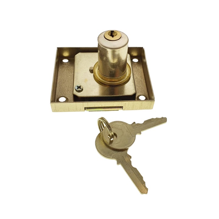 Set incuietoare pentru mobilier, FAM-65462, cu butuc si 2 chei, alama, dimensiuni 68 x 57 x 40 mm Galben