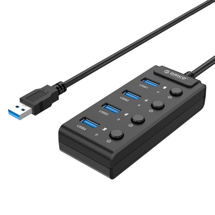 USB 3.0 Orico 4xUSB хъб, 4 бутона със светодиоди, черен