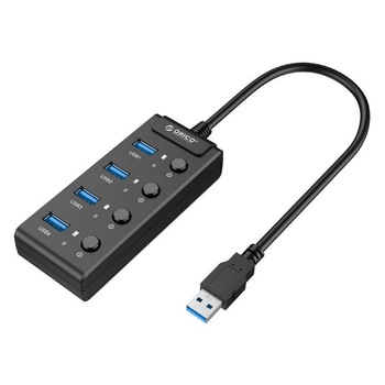 Hub USB 3.0 Orico 4xUSB, 4 butoane cu Led, negru Hub USB 3.0 Orico 4xUSB, 4 butoane cu Led, negru