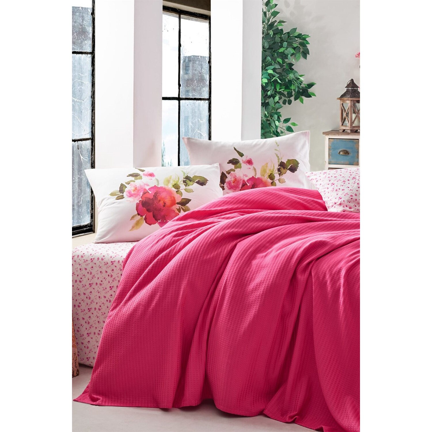 Lenjerie de pat dublu, Cottonbox, model Rose Fusya, Bumbac 100%