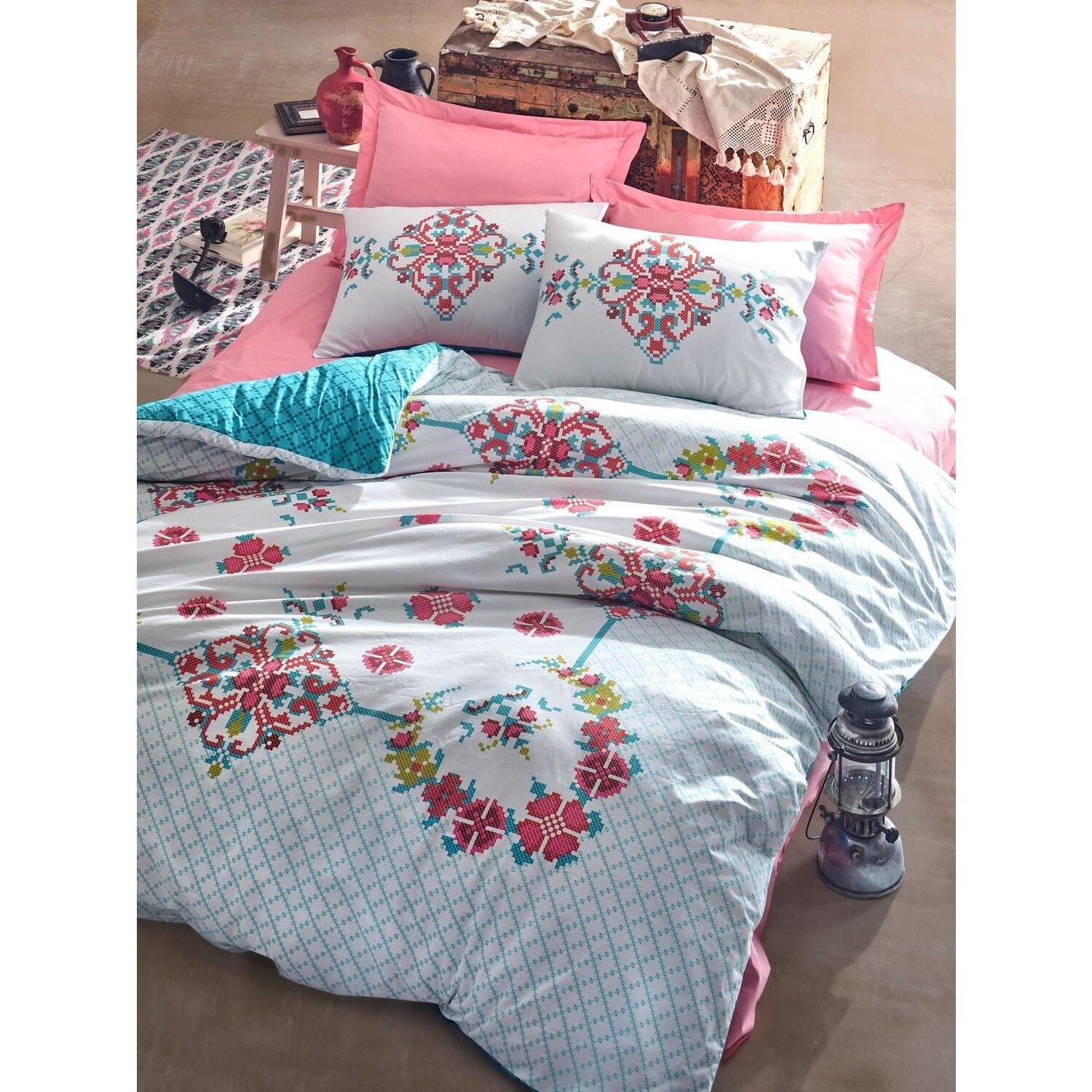 Lenjerie de pat dublu, Cottonbox, model Gulcehre Pembe , Bumbac 100%