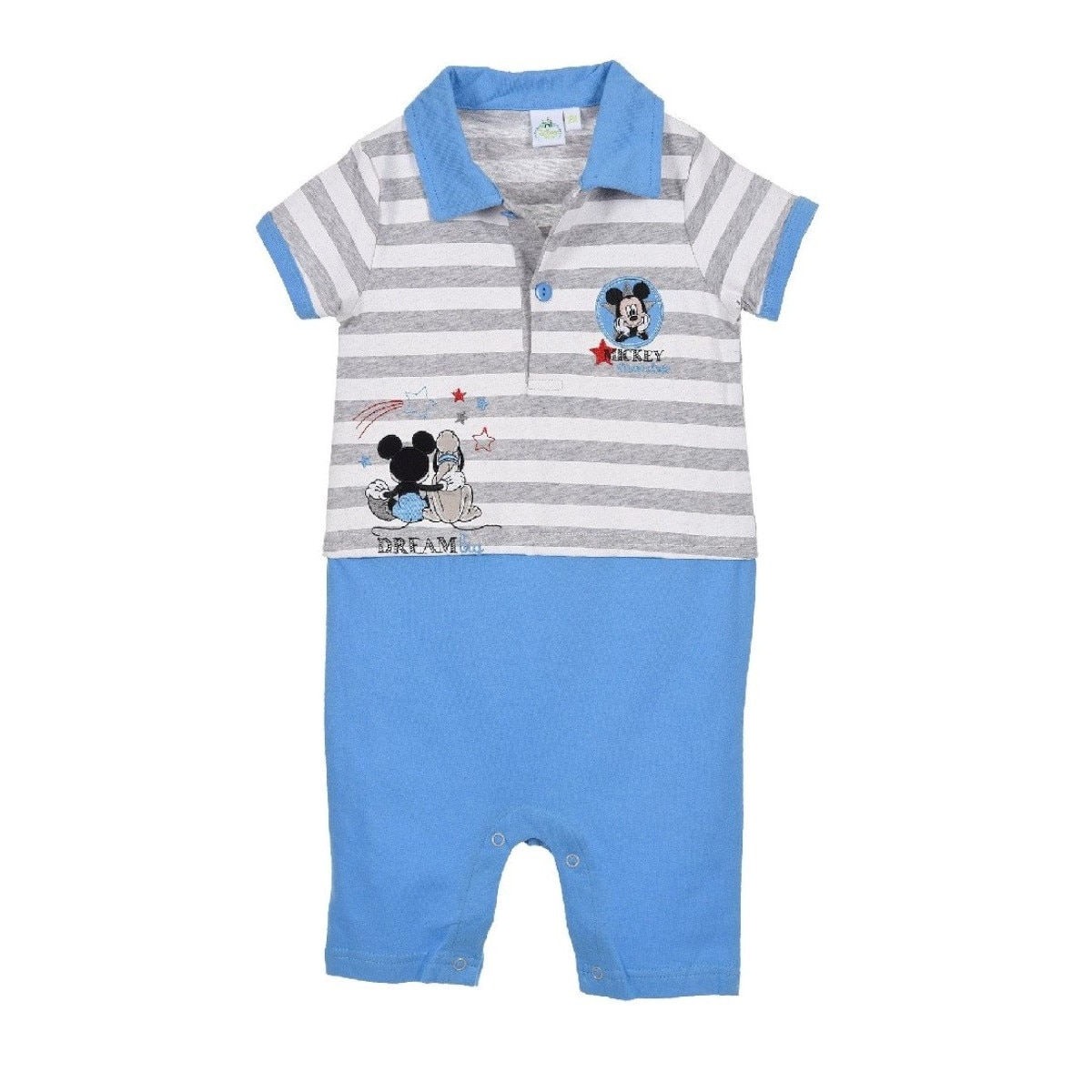 Salopeta bebe, Mickey Disney, 6-9 luni, 71 cm, bumbac, alb cu bleu