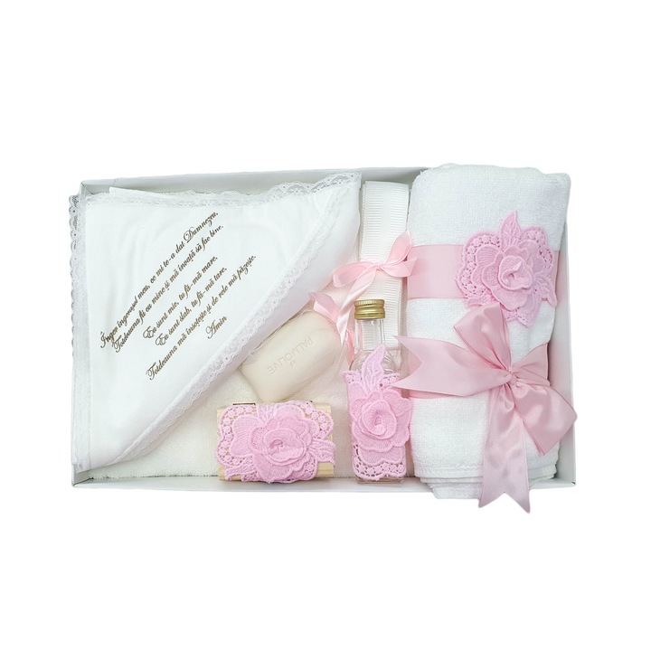 Trusou botez complet pentru fete, 7 piese, dantela roz