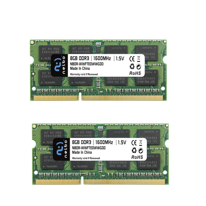 Оперативна памет Nelbo, 16 GB RAM (2 x 8 GB), sodimm, DDR3, 1600 Mhz, Двуканална, За лаптоп