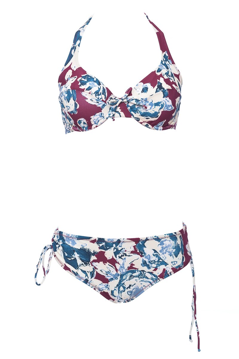 Costum de baie din doua piese, tip sutien cu sustinere fara burete si cu chilot lat, Lux, Intimamoda, Model stropit cu culori CN73, Bordo/Multicolor