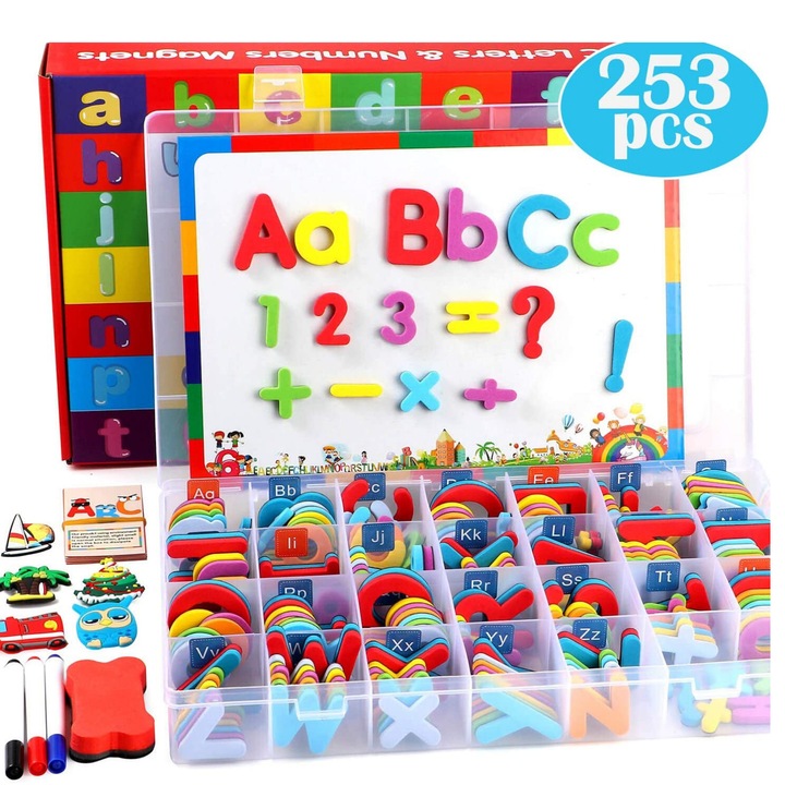 253 darabos mágneses ABC és szám készlet, 1 kétoldalú mágneses tábla , tároló dobozzal, oktató játékok gyermekeknek 3,4,5,6,7 éves kortól